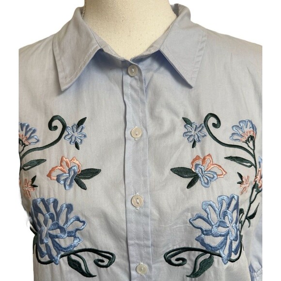 NEW Sanctuary Anthropologie Women's S Blue Button Down Shirt Floral Embroidery - Picture 5 of 8
